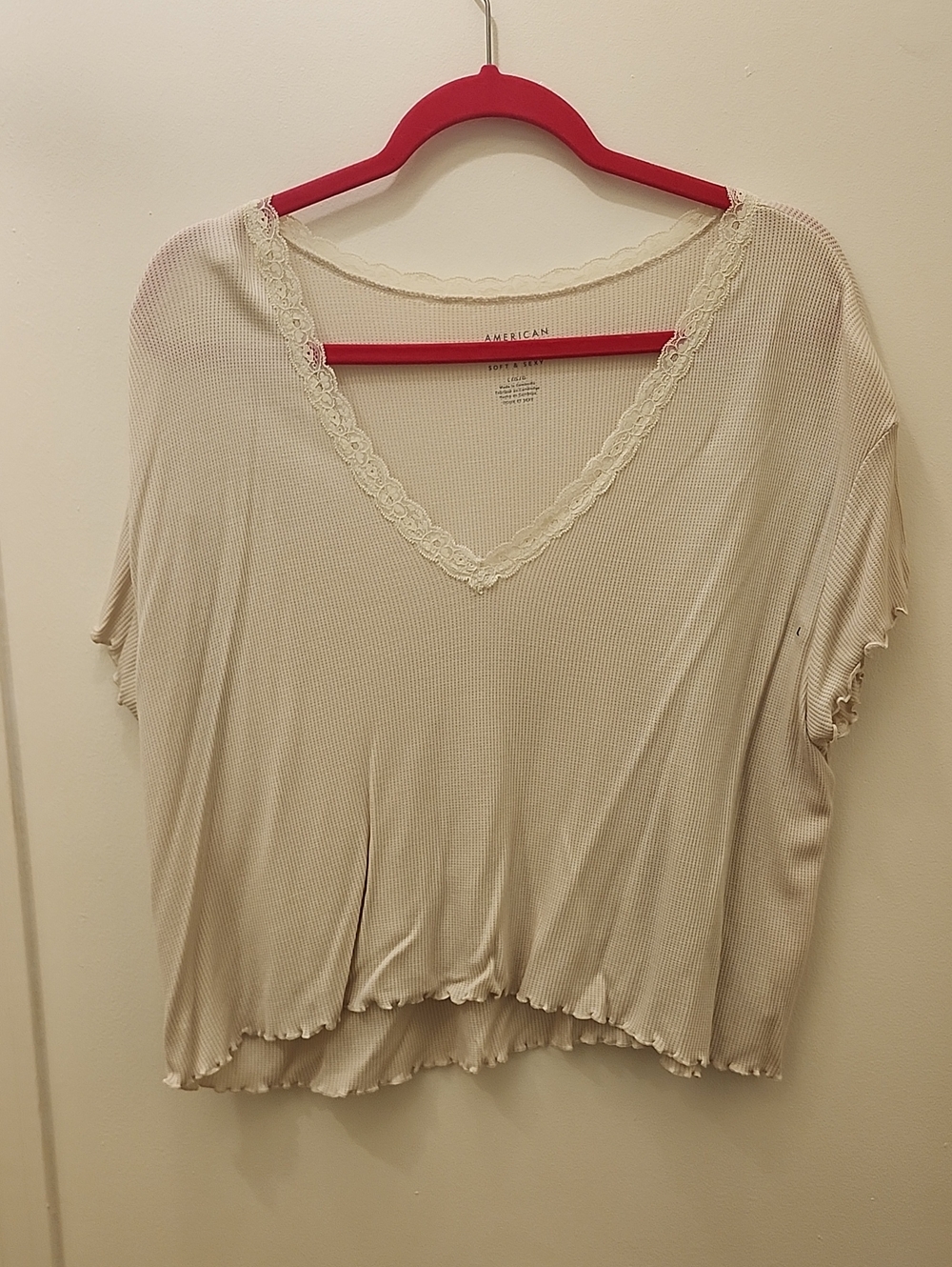 American Rag Cream Ribbed V-Neck Cropped Top with Lace Trim